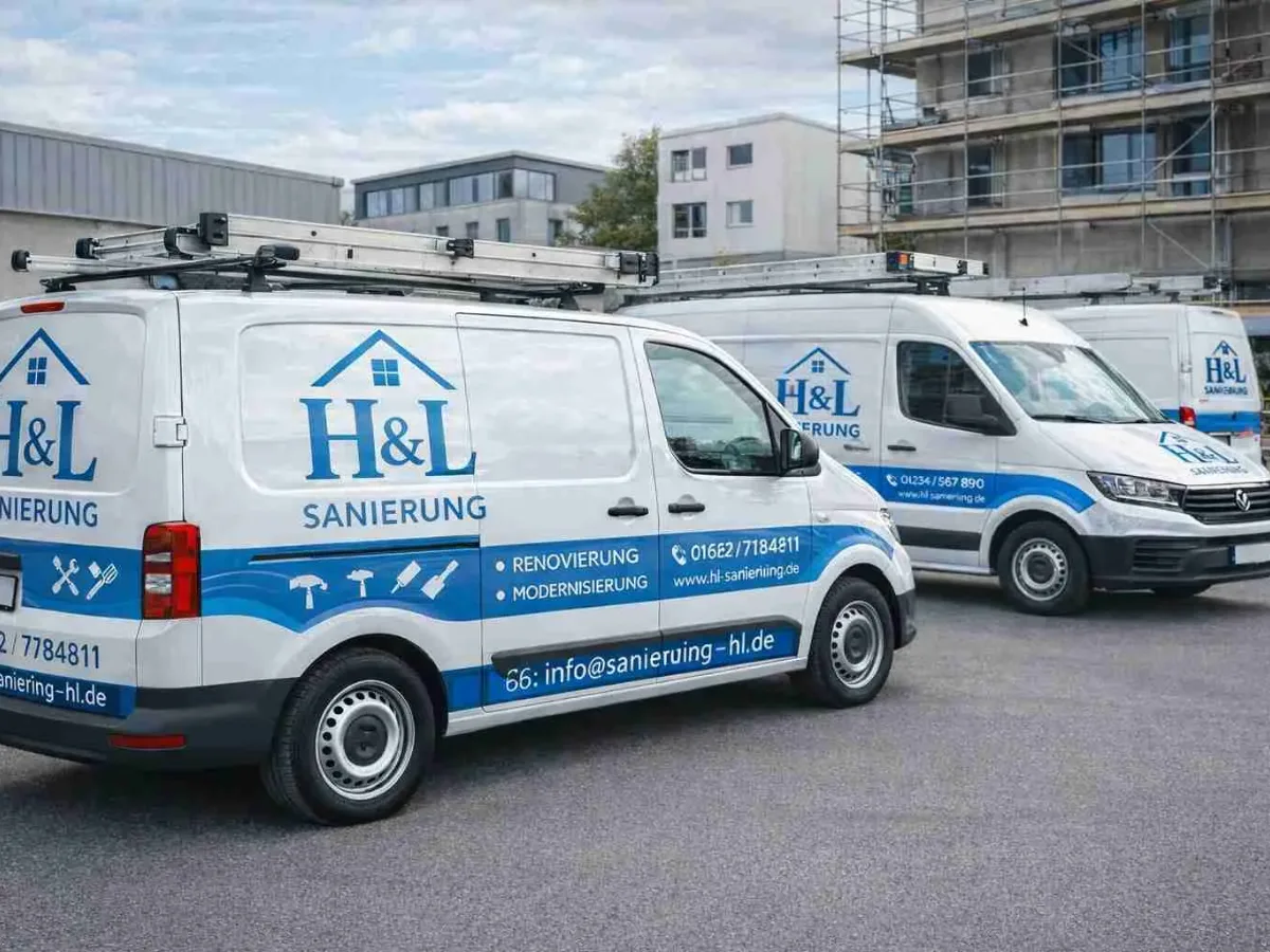 Schlüsselfertige Sanierung Dortmund 11 Einsatzfahrzeuge von HL-Sanierung, Hortig & Lapidous Sanierung GmbH, vor Ort in Dortmund und Lünen